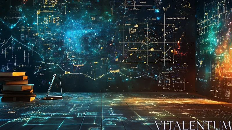 Cosmic equations mapping a luminous sci‑fi study room.