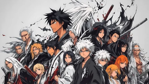 Anime warriors converge in dynamic ink-splatter battle tableau.