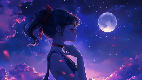 Moonlit anime girl gazes skyward amid glowing clouds