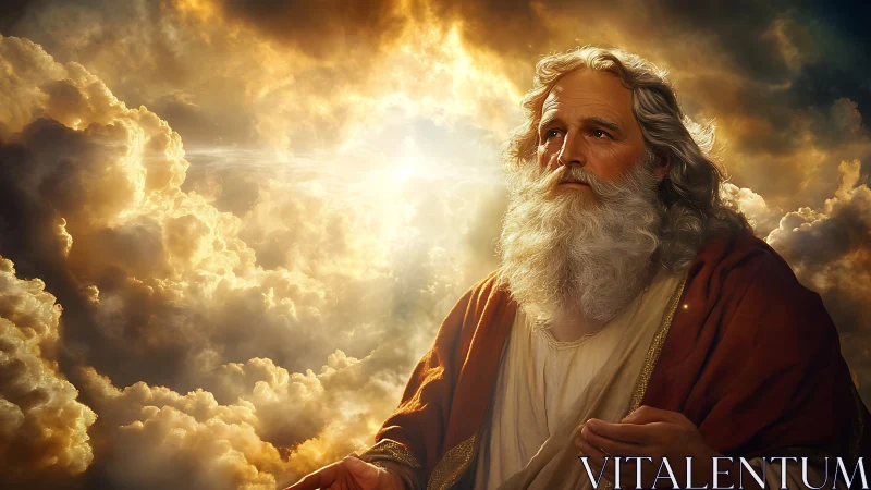 Gentle bearded elder bathed in radiant golden clouds.