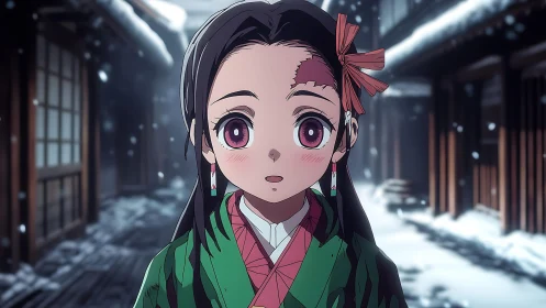 Snowy alleyway anime girl with ribbon and pink haori gaze.