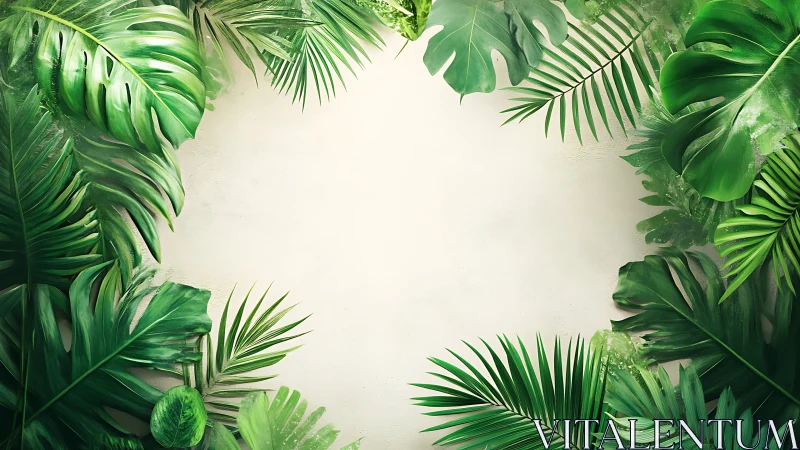 Tropical foliage frame with central negative space design.