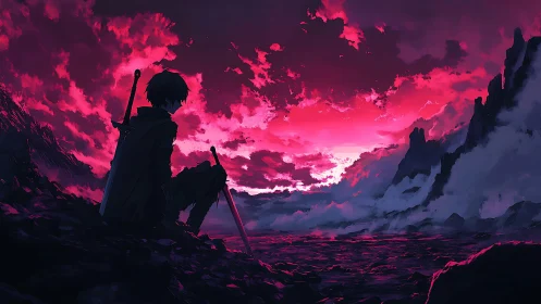 Silhouetted swordsman observing magenta clouded horizon.