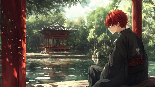 Quiet riverside reflection with red-haired wanderer at rest.