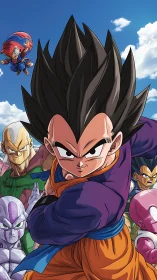 Determined anime fighter leads colorful battle group.