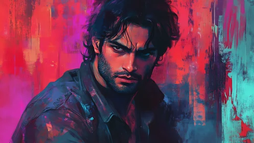 Intense male portrait in neon magenta cyan painterly lighting