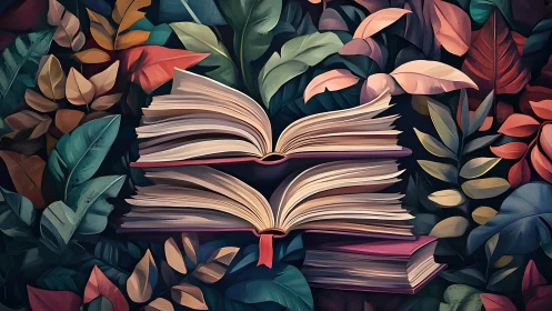 Story-lush leaves cradle fluttering books like bright birds