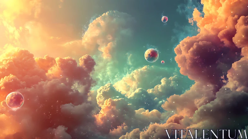 Radiant nebula sky surrounds suspended glowing planets