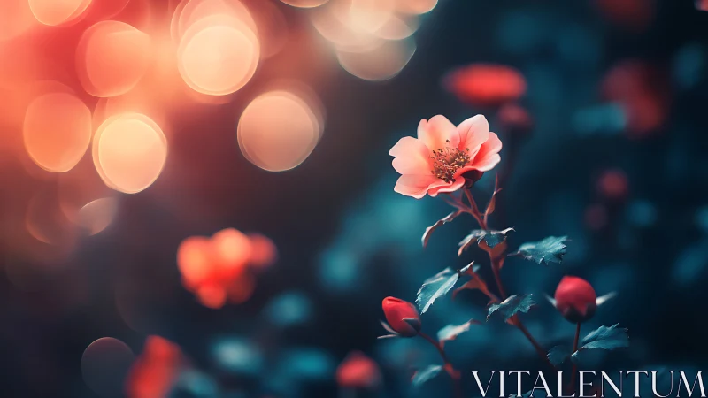 Shallow depth of field isolates coral flower against circular bokeh field