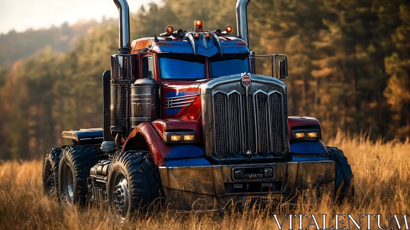 Heavy-duty red semi truck parked in tall dry grass field.
