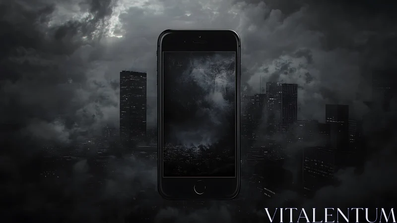 Smartphone floating over dark, fog covered city skyline.