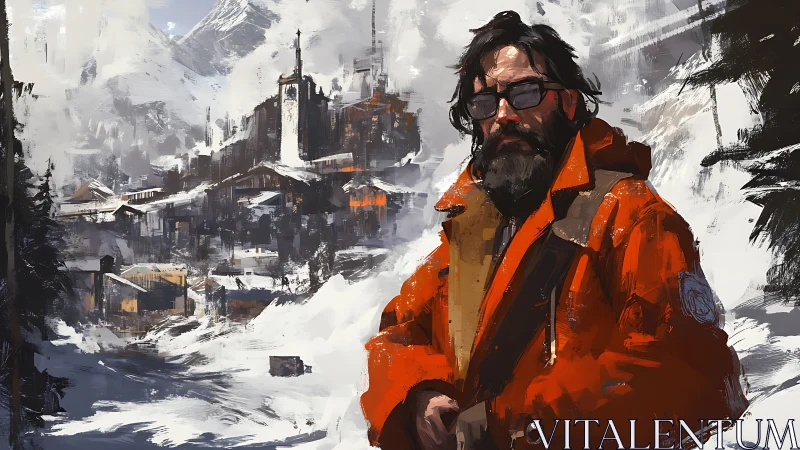 Bearded man in orange parka before snow-covered mountain town.