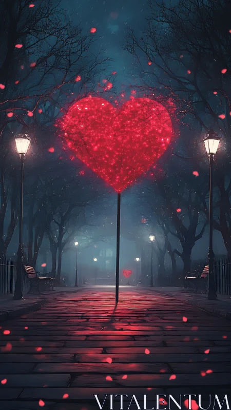 Illuminated Heart Shape: Nighttime Park Pathway with Luminous Display
