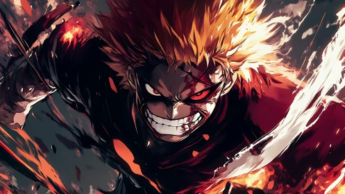 Flaming anime warrior charges forward in intense battle fury.