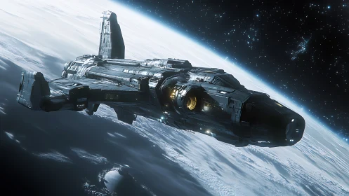 Orbital heavy cruiser spacecraft with illuminated reactor ring