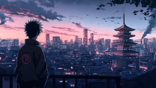 Solitary anime figure overlooking neon twilight hybrid city