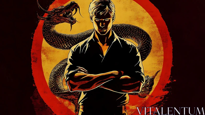 Martial artist silhouette confronts coiled dragon against grunge circle