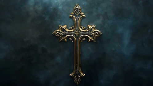 Ornate golden cross stands centered on dark textured background