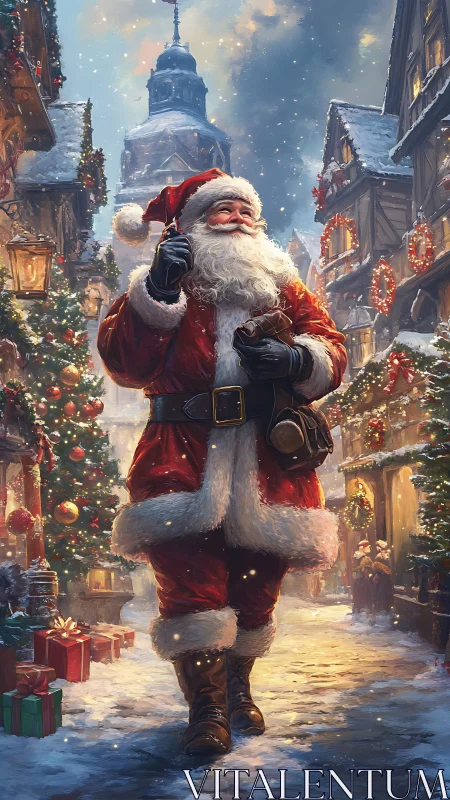 Joyful Santa strolls through a glowing old-town Christmas lane