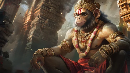 Mythic simian deity figure in ornate temple ruins setting.