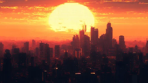 Pixelated neon sunset engulfs a futuristic cyber city skyline