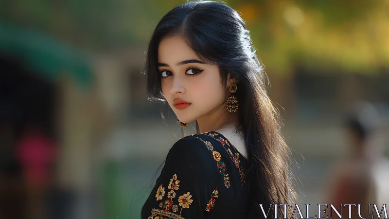 Soft autumn light on a thoughtful girl in embroidered black.