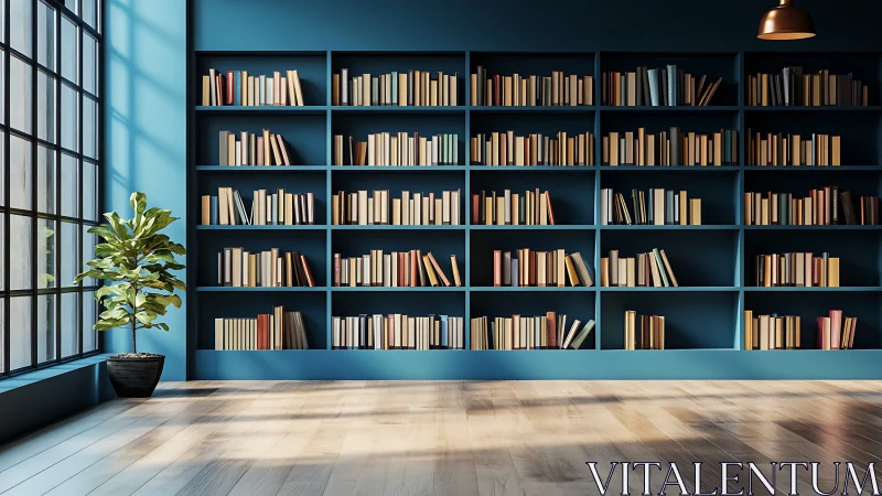 Sunlit modular library wall with ordered volumes and plant.