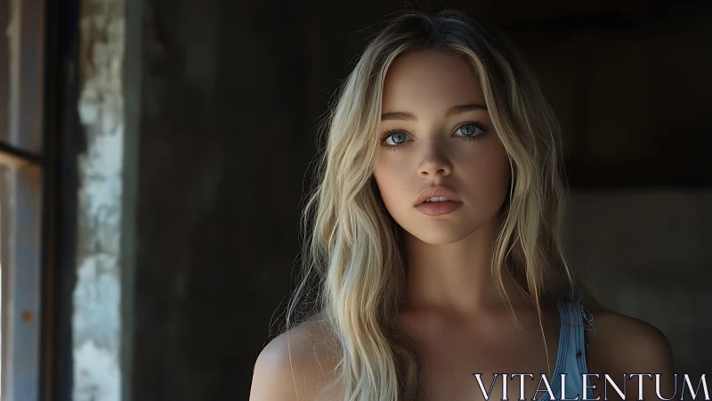 Young blonde woman in soft window light portrait study.