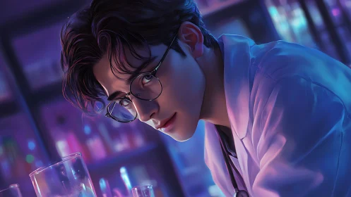 Bioluminescent lab chemist under neon spectral lighting.