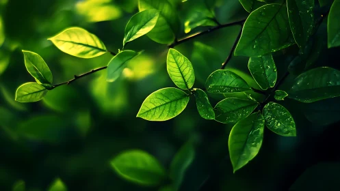 Backlit wet green leaves on branch with shallow depth of field