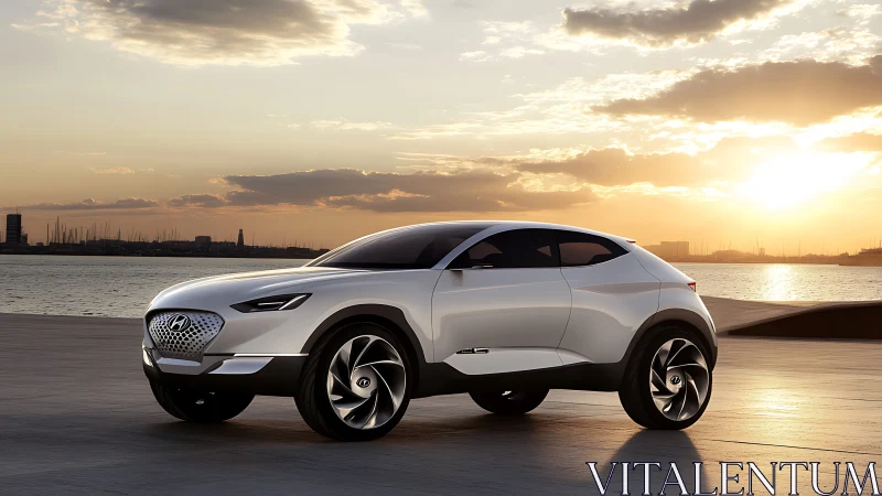 Sleek white crossover concept beside a luminous harbor sunset.