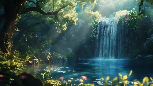 Spectral cascade over bioluminescent lagoon in dense forest.