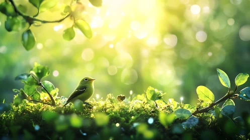 Small bird in sunlit forest with dreamy bokeh, vibrant nature scene.