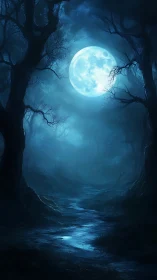 Moonlit forest path under dense trees and blue night sky.