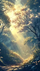 Golden morning light gently transforms a quiet forest path