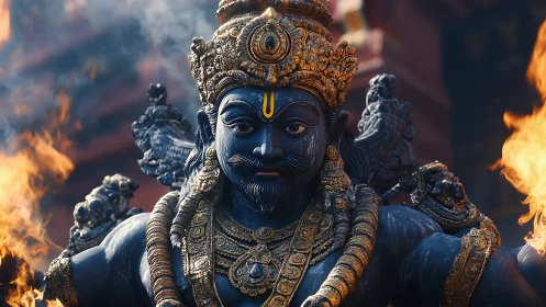 Blue multi-armed deity statue amid flames and ornaments.