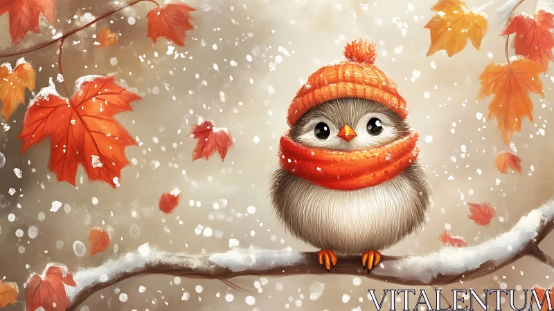 Fluffy autumn chick braves early snow in cozy orange knits.
