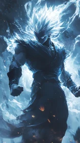 White haired energy warrior stands in glowing blue aura.
