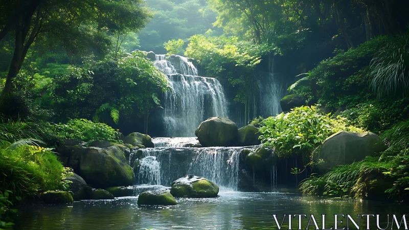 Tiered forest waterfall descends over mossy rocks into pool