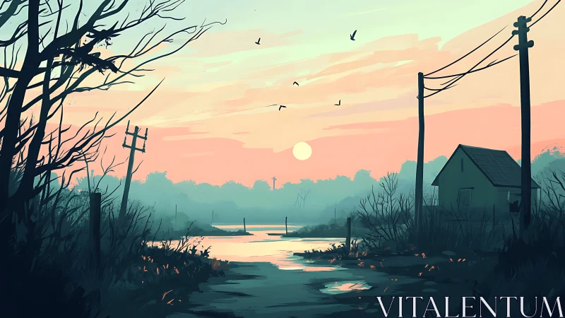 Digital wetland road scene shows sunset lighting and structures