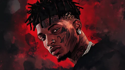 Brooding inked portrait under a smoldering red storm sky.