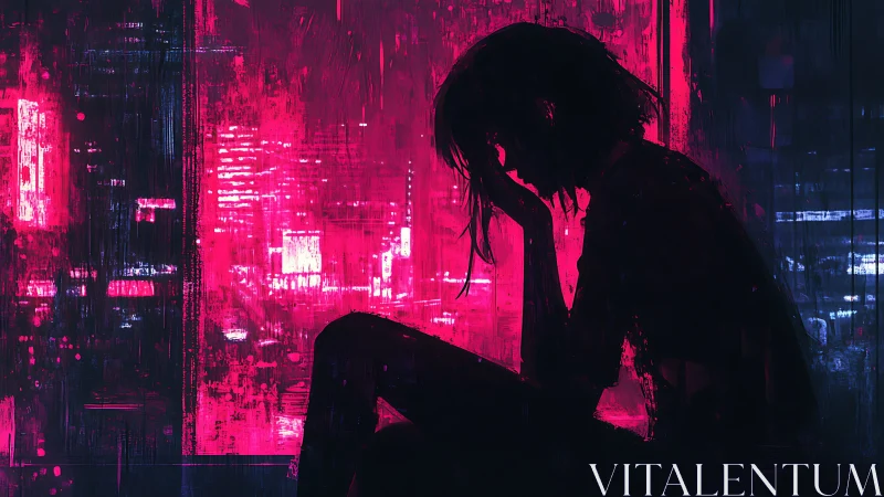 Neon city window silhouette captures urban solitude at night.