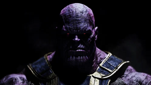Monochromatic close-up renders a grim purple warlord in armor