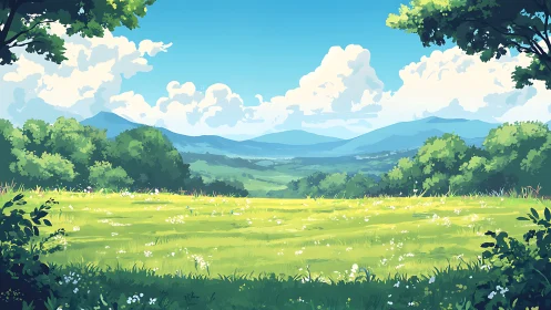 Sunlit meadow vista overlooking distant blue mountains.