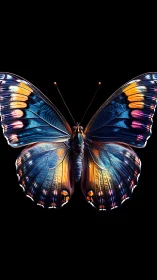 Photorealistic macro of iridescent butterfly wings on black.