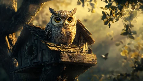 Realistic owl perched on rustic birdhouse at sunset, fantasy style.