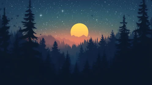 Moonlit Forest Night with Glowing Celestial Sky.
