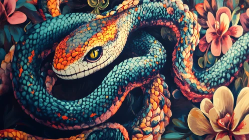 Coiled rainbow serpent resting in a lush painted garden.