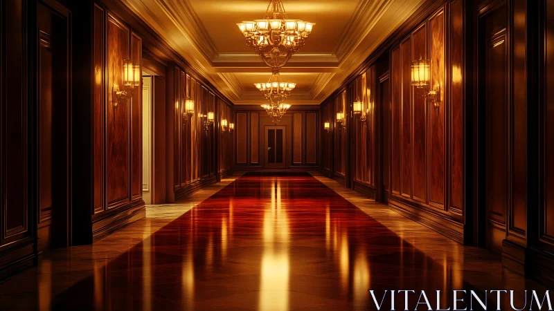 Grand hotel corridor glows with polished mahogany warmth.