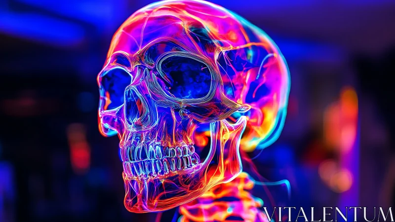 Luminous neon skull glowing with electric rainbow energy.